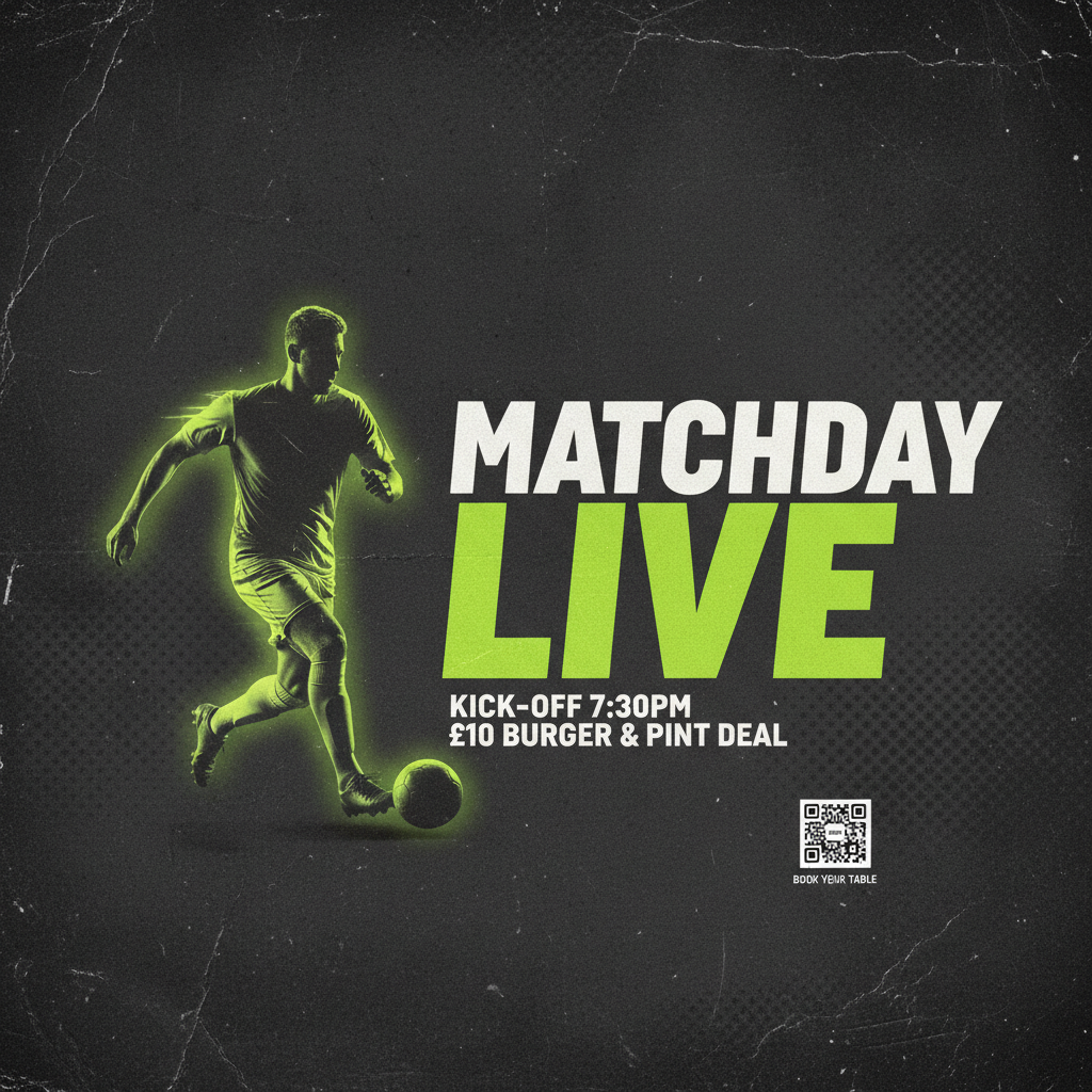 Close-up of a pub matchday poster showing bold lime green typography and food deals on a dark textured background.