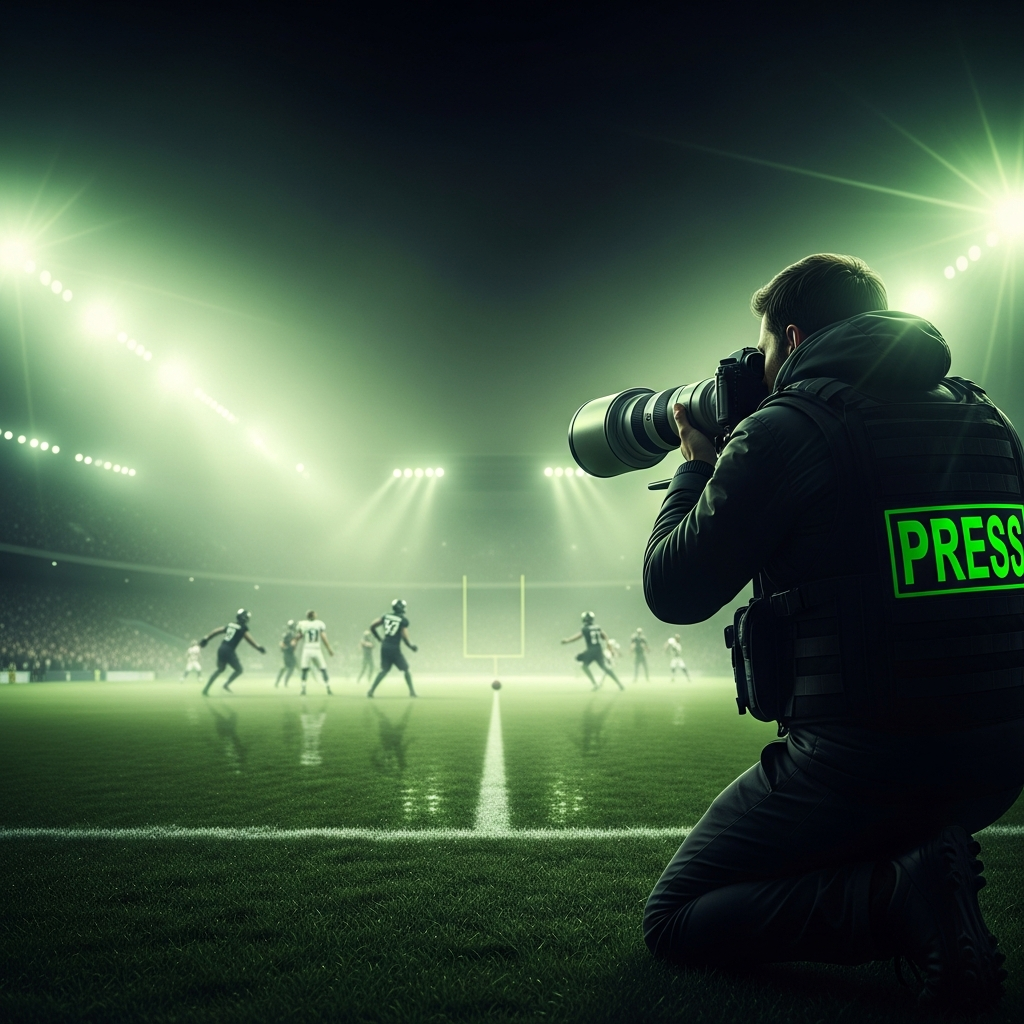 Professional sports photographer on sidelines at night