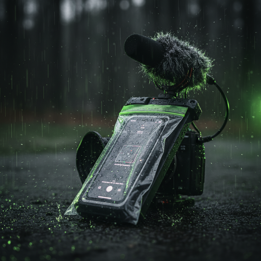 A close-up of a professional waterproof smartphone housing covered in rain, with lime green accent lighting.
