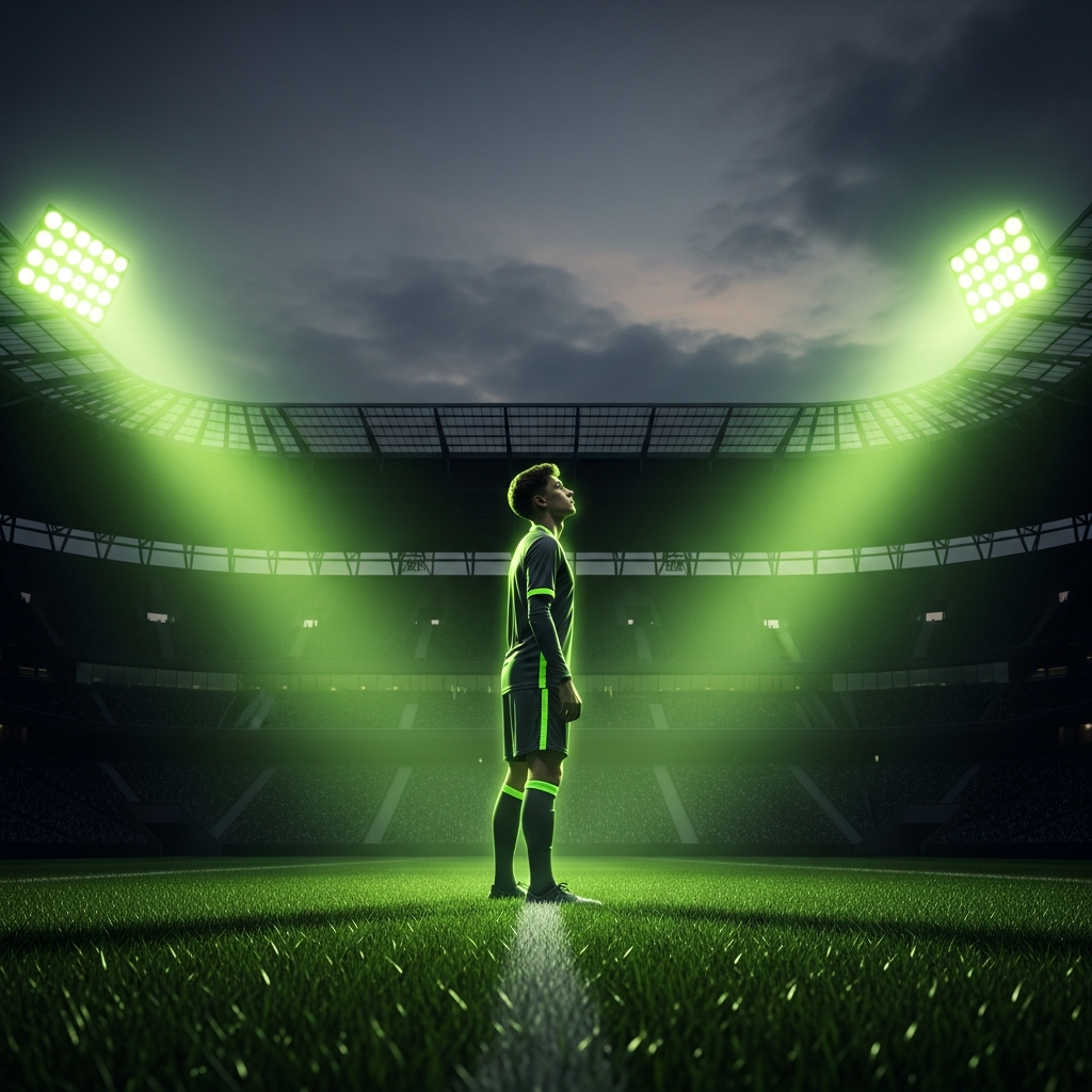 A young footballer standing alone in a professional stadium at dusk, symbolizing focus and ambition.