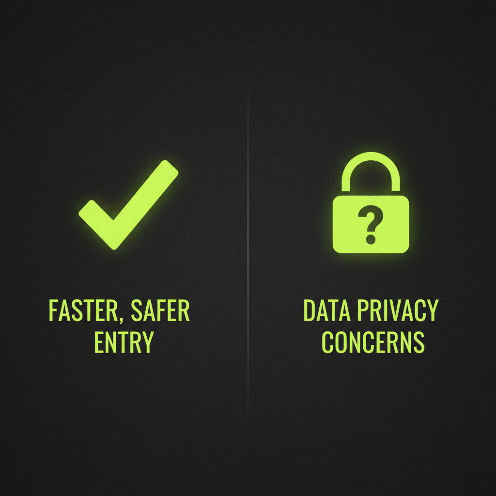 Infographic comparing the benefit of faster stadium entry with the concern of data privacy in facial recognition systems.