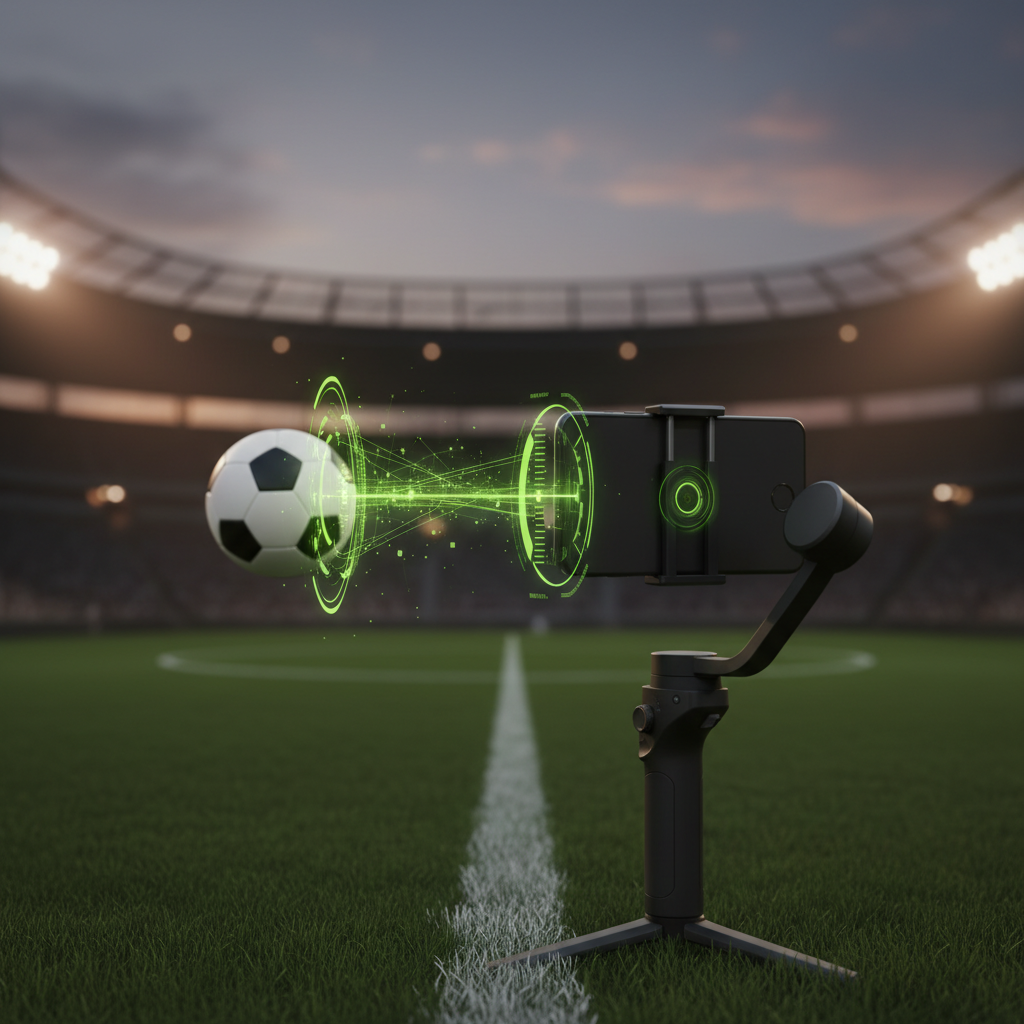 Smartphone with telephoto lens and ND filter ready for pitch-side sports filming.