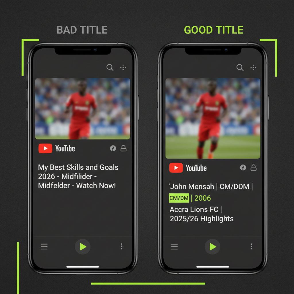 A graphic comparing a bad vs. good football highlight video title for SEO, demonstrating the Golden Rule.