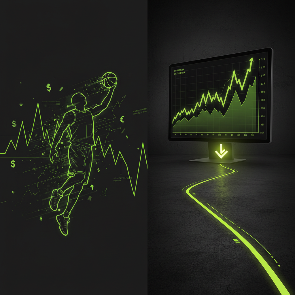 Stylized graphic showing a basketball player next to a rising stock chart, illustrating the athlete VC trend.