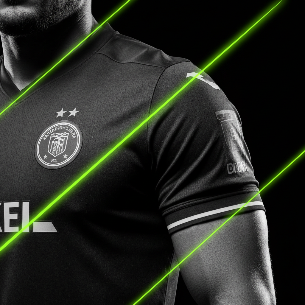 A close-up of a football player's jersey showing the 3D Dodge and Burn effect with lime green accents for a cinematic look.