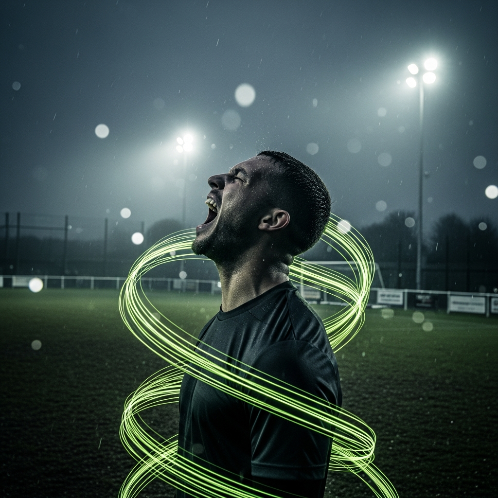 Dramatic grassroots football celebration with electric lime accents