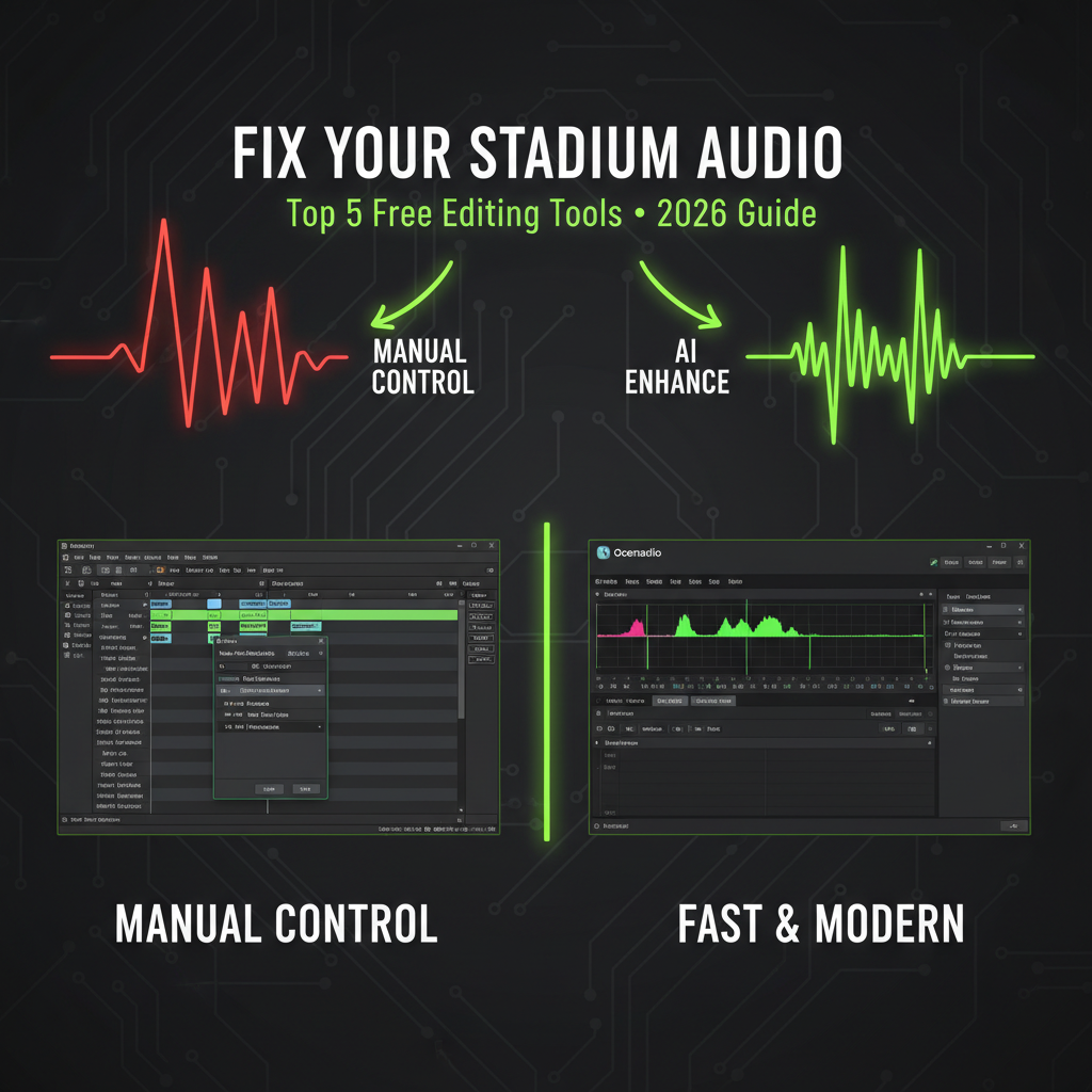 A comparison of Audacity and Ocenaudio interfaces, showing the difference between classic and modern free audio editing tools with a lime green and dark theme.