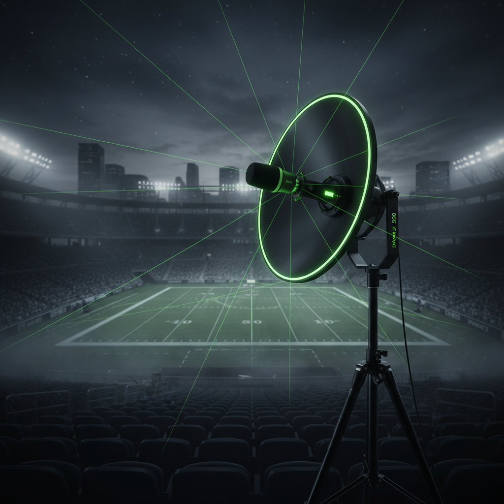 A 5.1 surround sound broadcast microphone with a lime green glow in a dark, empty stadium.