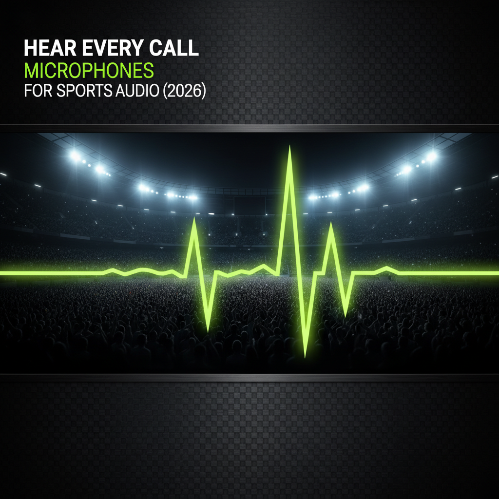 A parabolic microphone with lime green accents on a dark sports field, used for broadcasting.