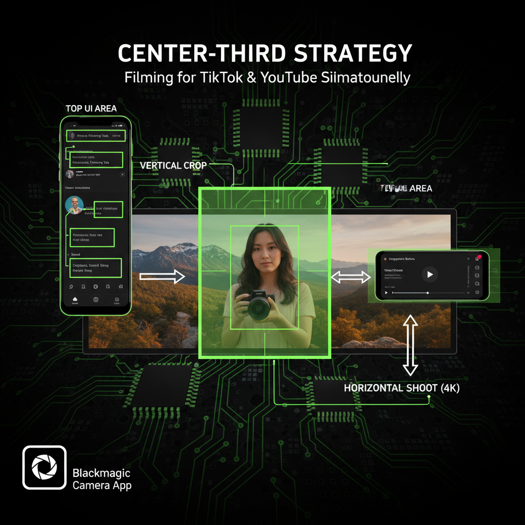 Illustration of the Center-Third filming strategy for creating both YouTube and TikTok content from one video, using a lime green overlay.