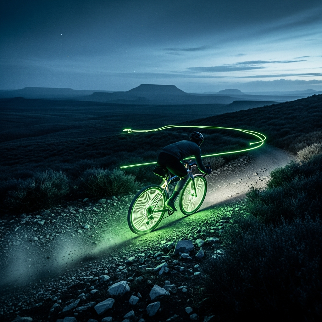 Gravel cyclist at blue hour with lime green light trails