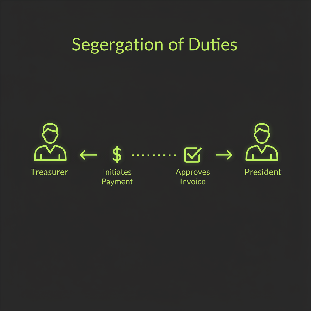 A diagram explaining the 'four-eyes principle' for club finances, using lime green icons on a dark background.