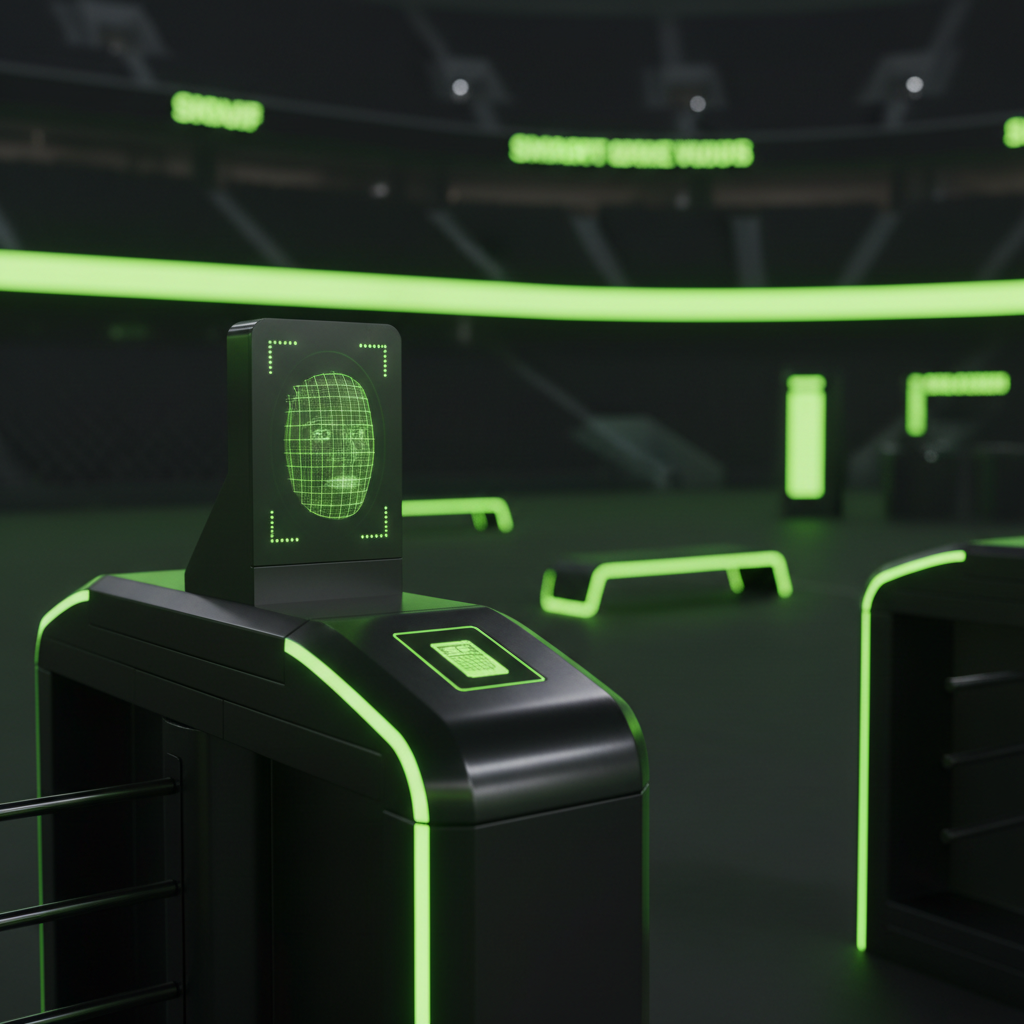 Frictionless biometric entry at a smart stadium with a glowing lime green interface.