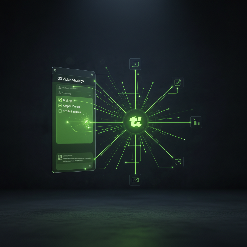 A Trello card with a lime green checklist and AI icon, illustrating content production tasks.