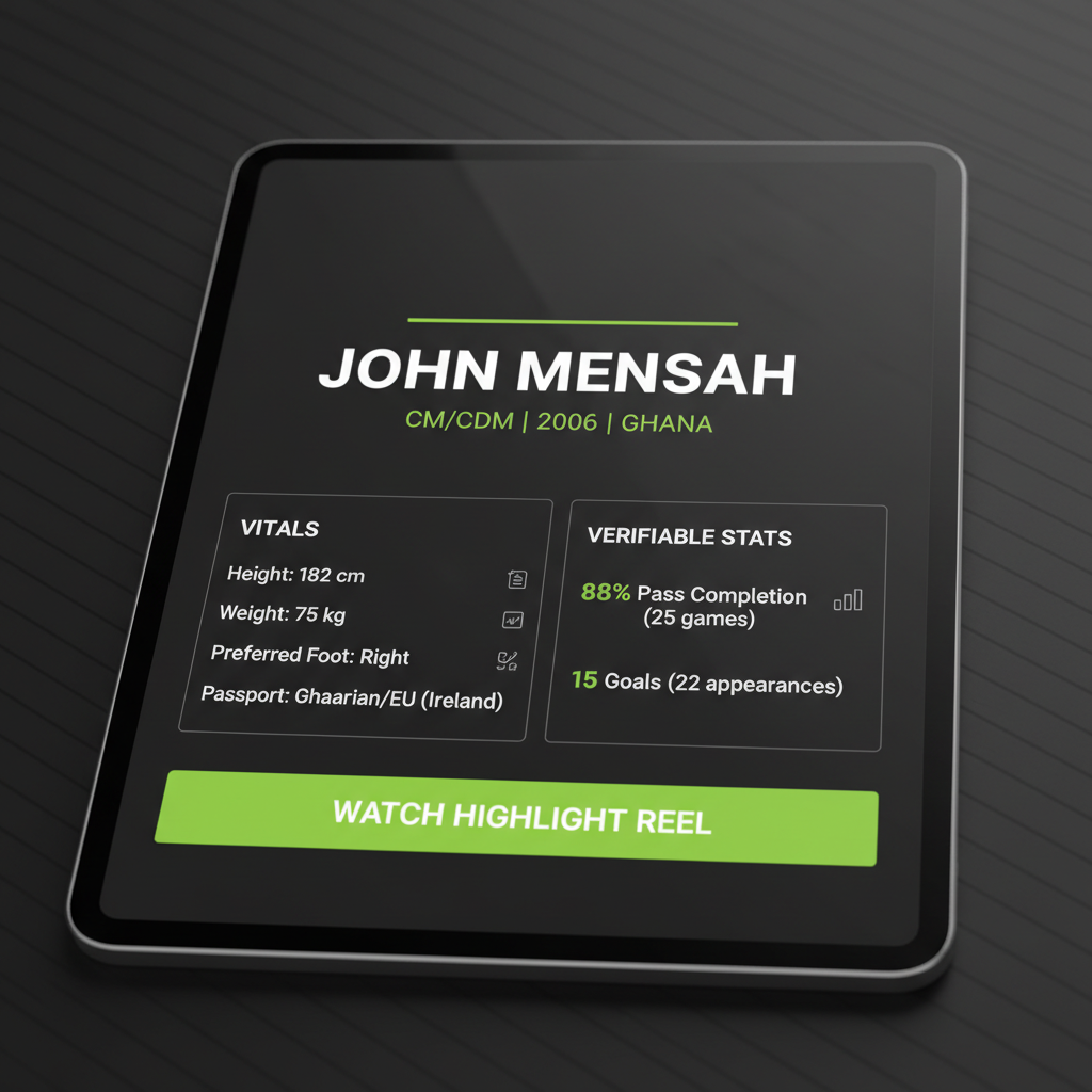 Example of a professional, one-page football CV with a clear highlight reel link, using a dark and lime green design.