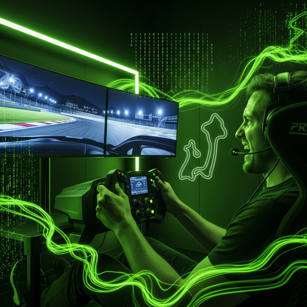 Sim-racer focused in a dark room with lime green accents