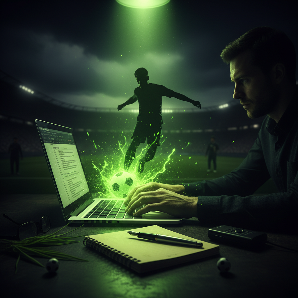 A journalist writing a match recap on a laptop with a lime green screen glow in a dark press box