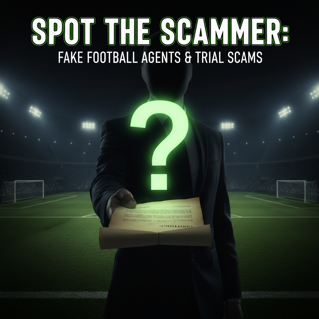 A visual guide to spotting football agent scams, highlighting key red flags like upfront fee requests and unofficial communication.