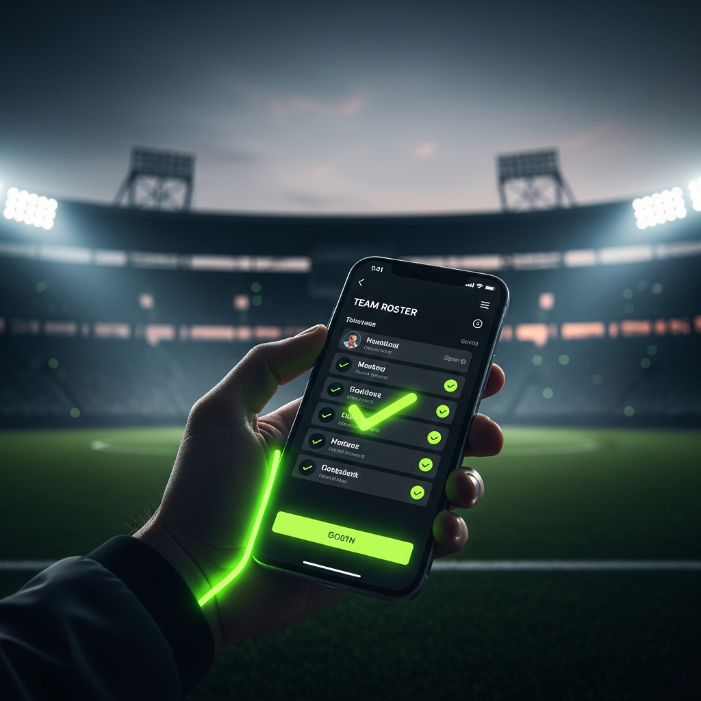 A high-tech cinematic shot of a coach holding a smartphone with the TeamSnap interface