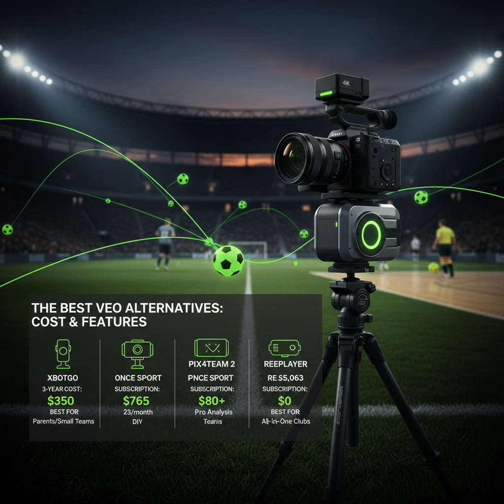 Comparison chart of Veo alternatives like XbotGo, Once Sport, and Pix4Team with costs and features.