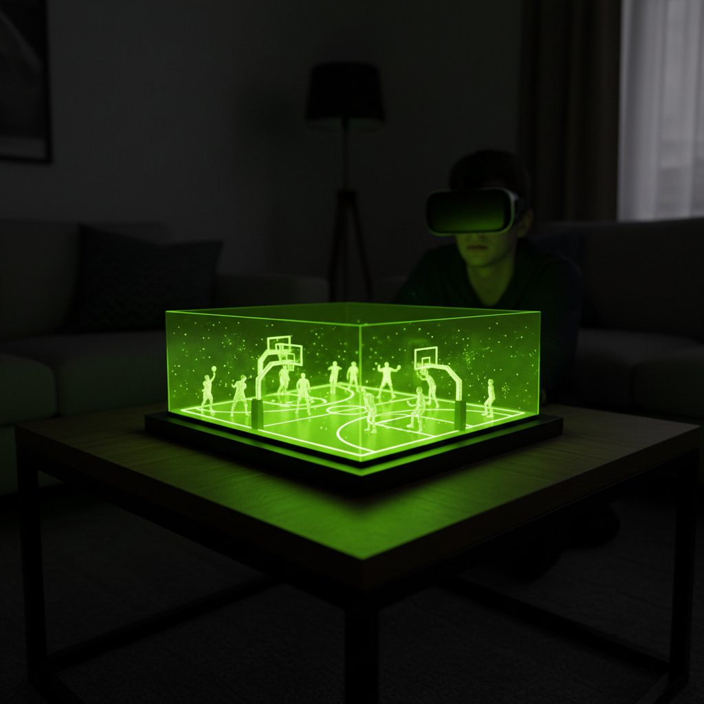A holographic NBA game projected onto a table, showcasing the phygital fan experience.