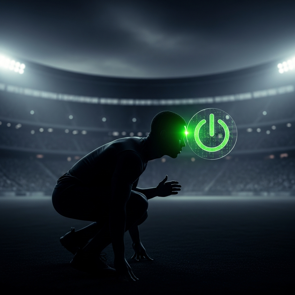 Elite athlete in a stadium with lime green power off symbol