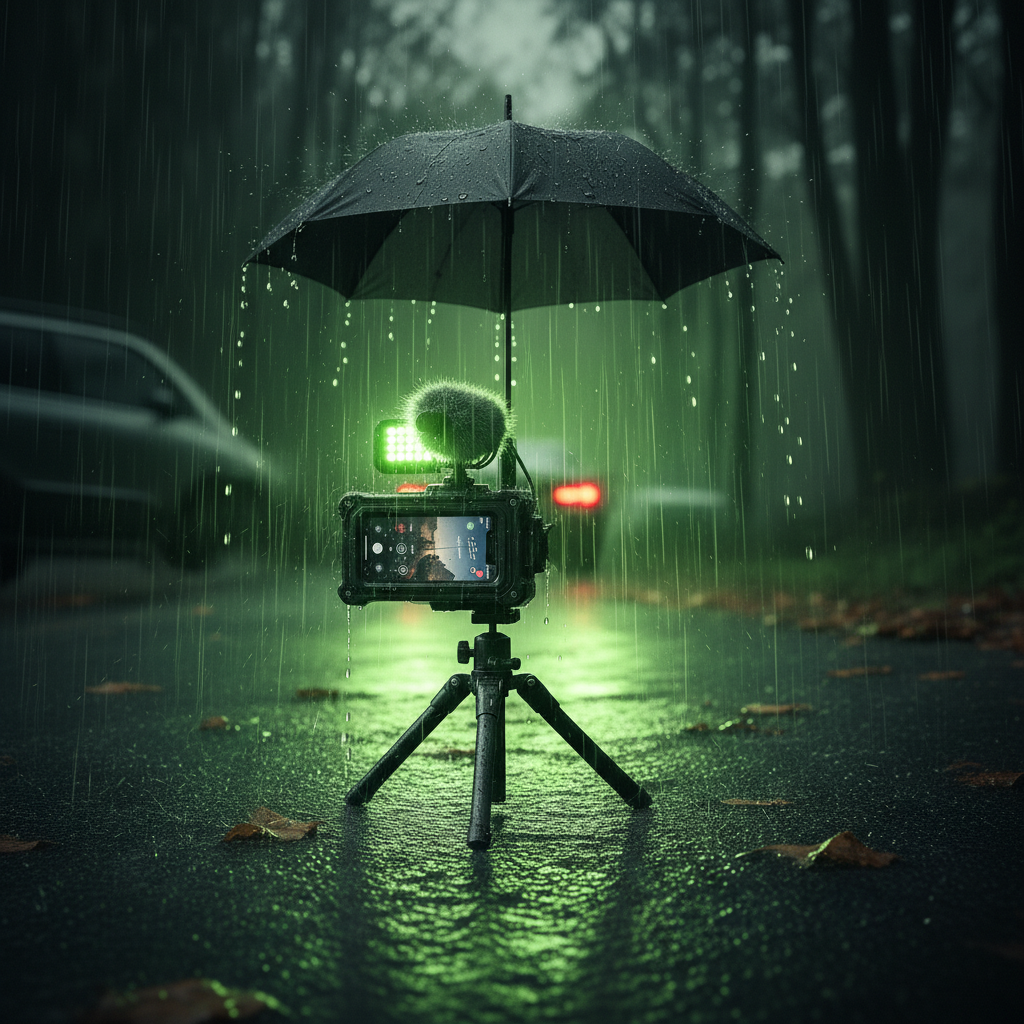 A wet, furry microphone windshield, known as a dead cat, protecting audio gear while filming in the rain.