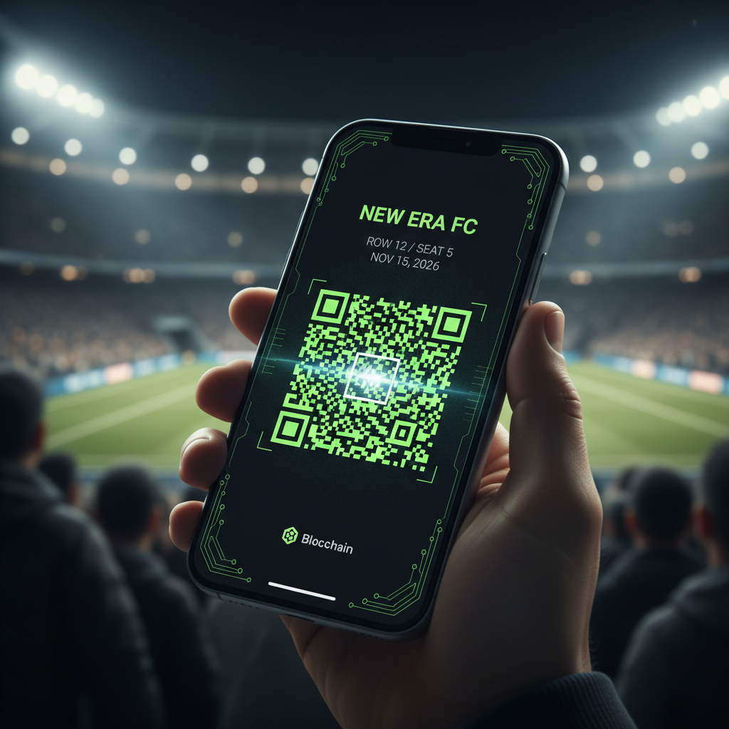 A smartphone displaying a secure, smart sports ticket with a dynamic QR code, highlighted in a lime green and dark color scheme.