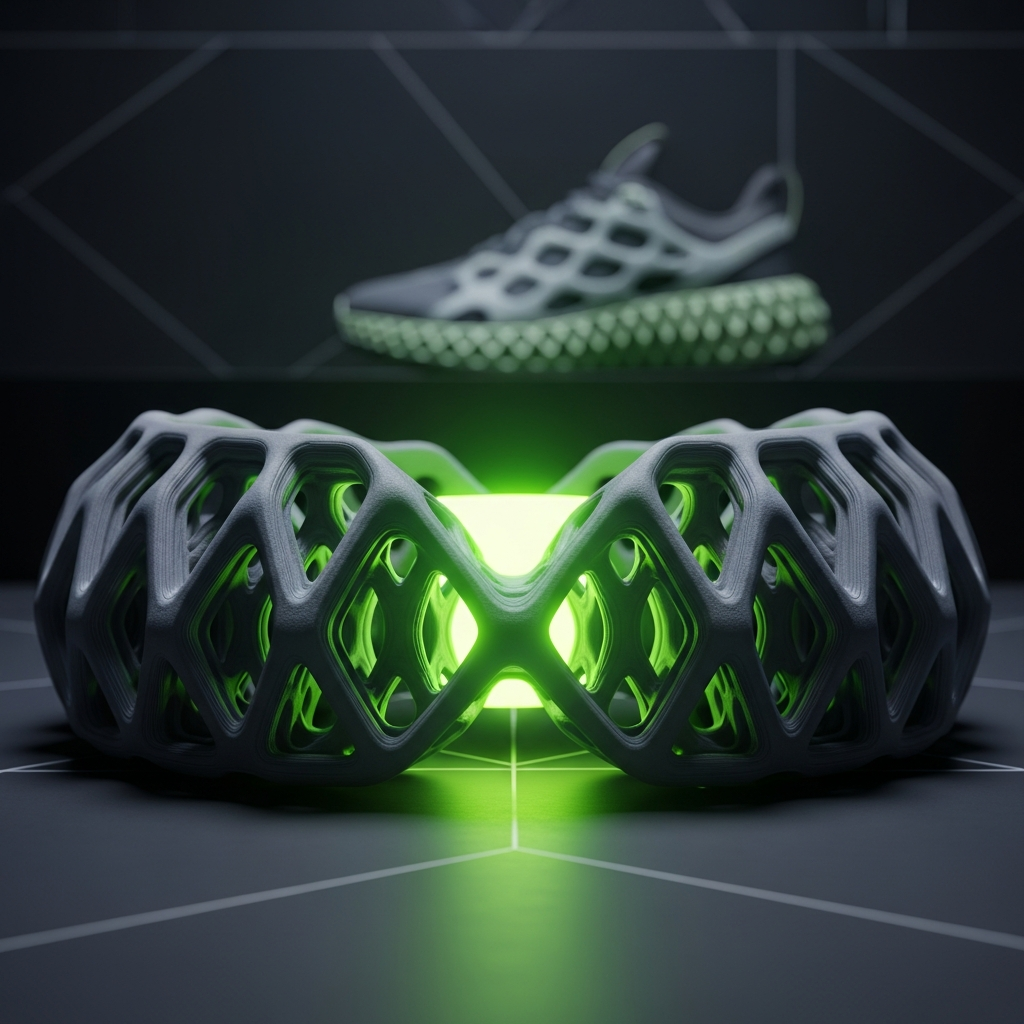 A hyper-detailed, macro photograph of a 3D-printed sneaker midsole lattice structure glowing lime green