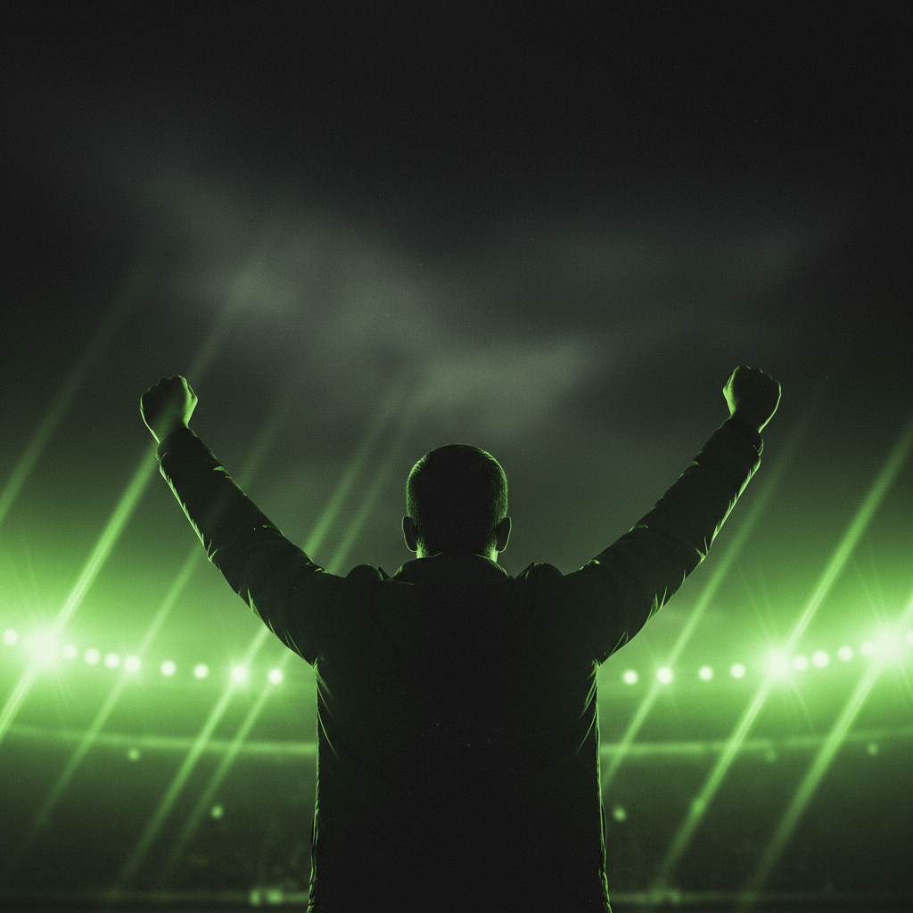 Black and lime green non-league football merchandise, including a scarf and beanie, arranged on a dark surface.