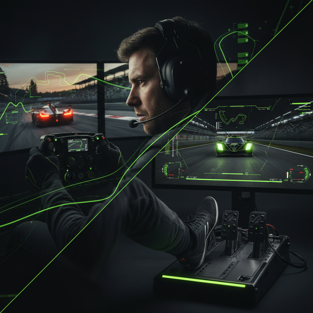 A sim-racer's eyes showing intense focus, with a lime green virtual track reflected in them.