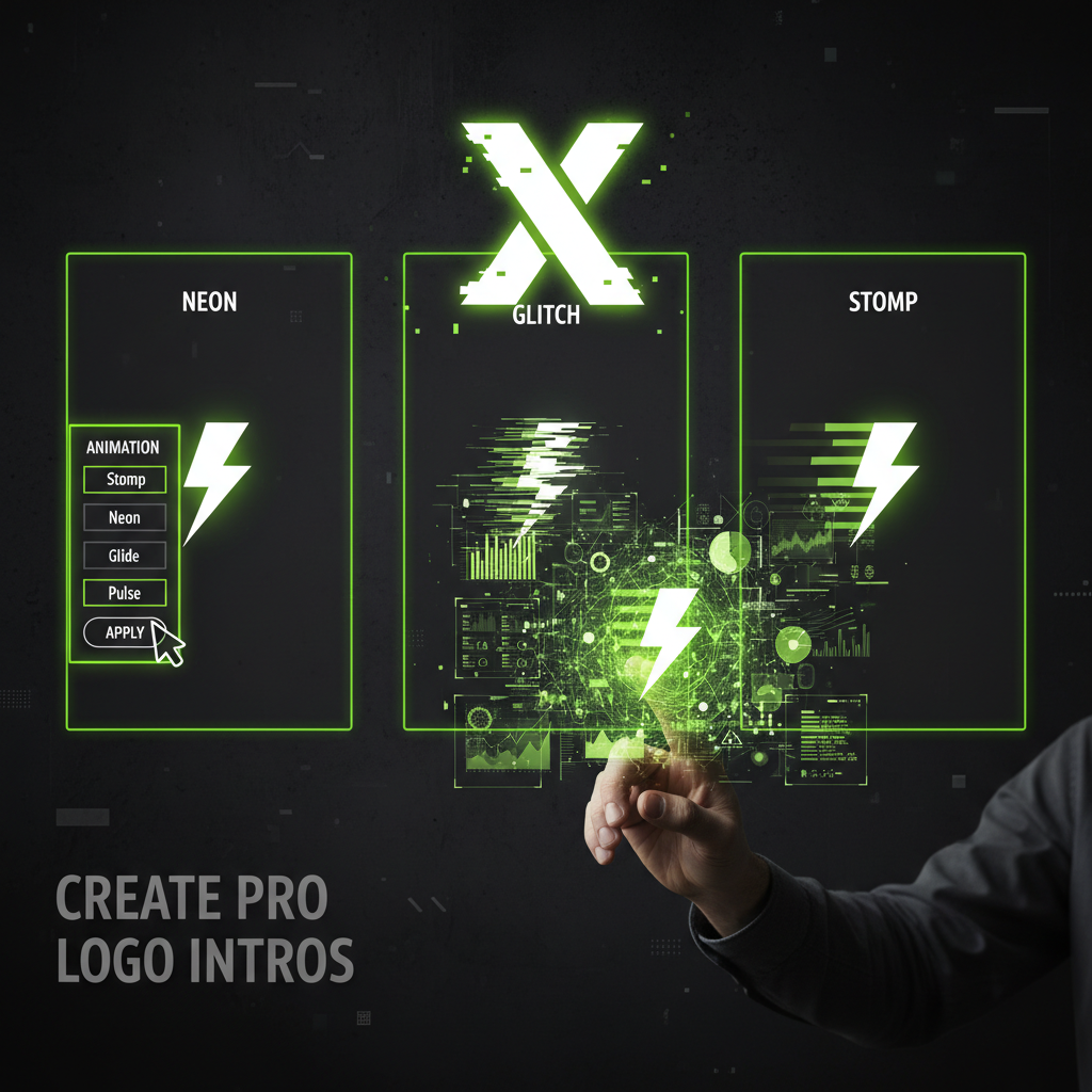 Three visual examples of logo animation styles: neon glow, digital glitch, and stomp motion effect, all in a lime green and dark color scheme.