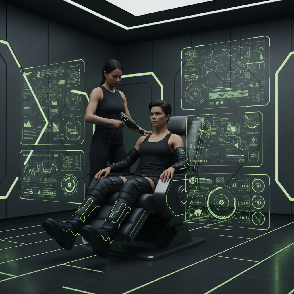 The interior of a modern infrared sauna with panels glowing with a calming lime green light.