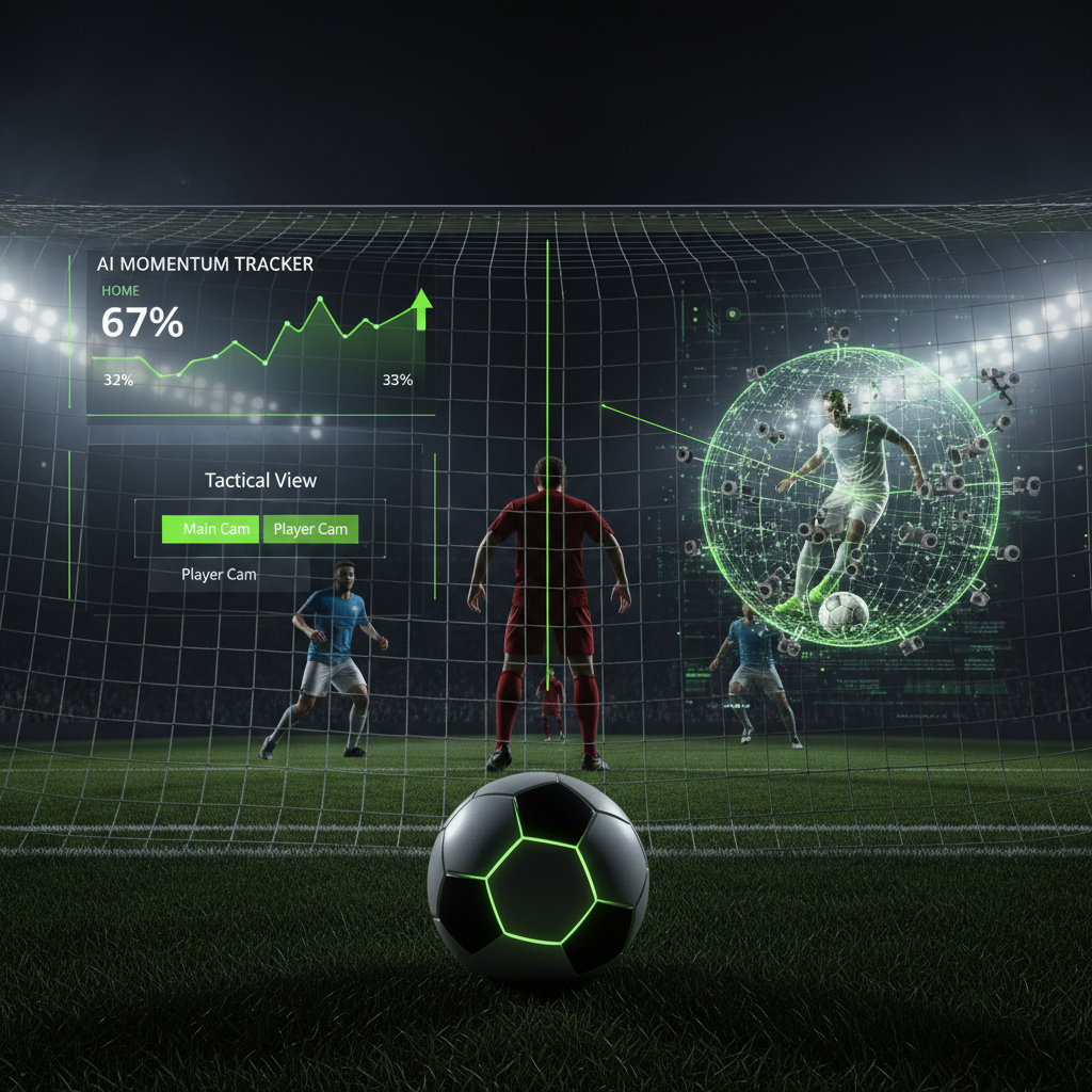 A split-screen comparison of the traditional broadcast camera angle and the wider "Game Mode" view in a Premier League match.