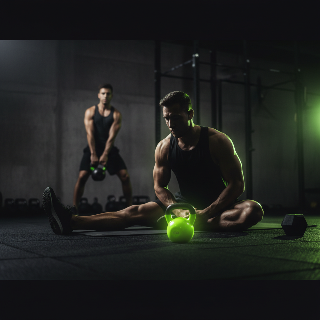A powerlifter demonstrates heavy mobility by performing a deep yoga stretch in a dark gym with lime green accents.