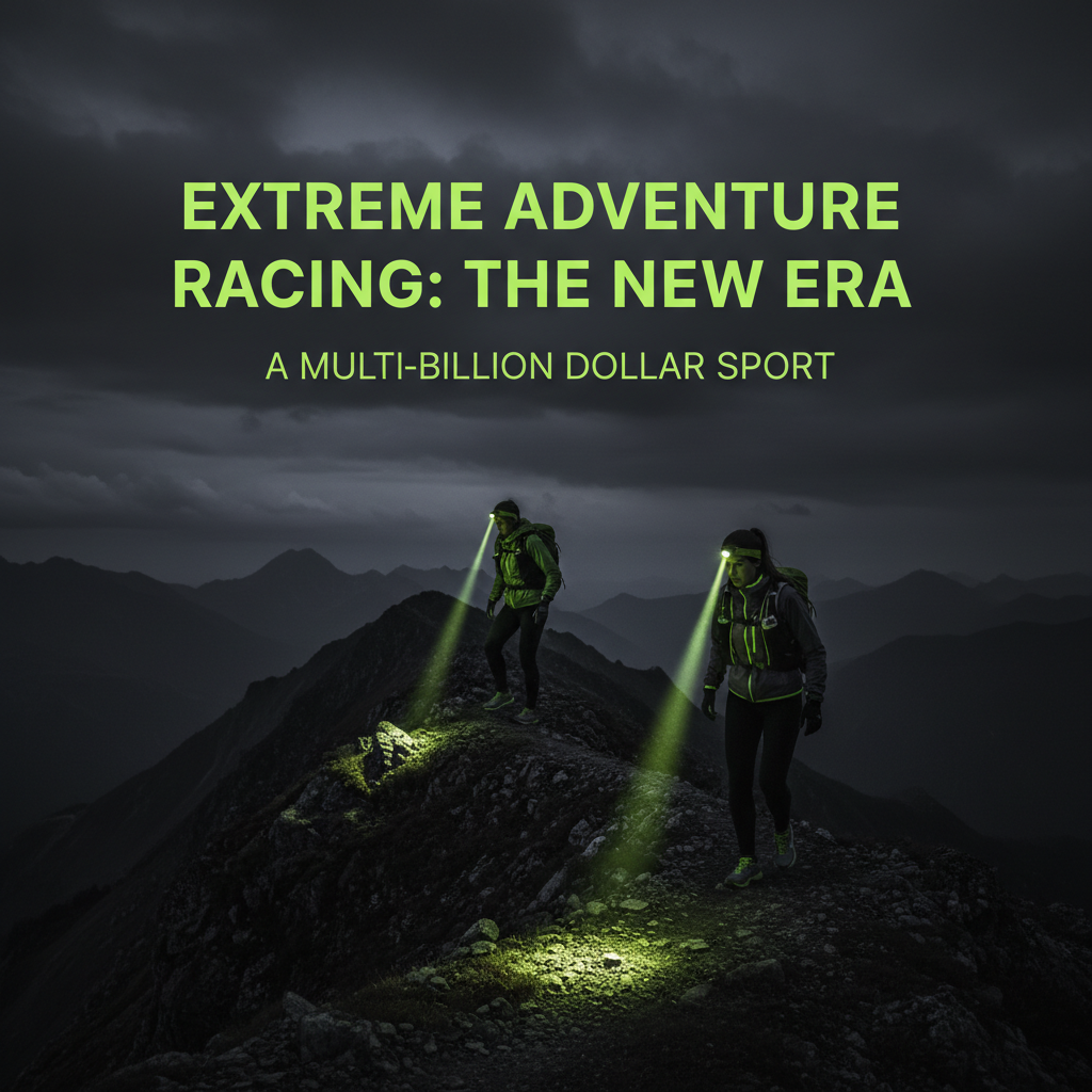 A co-ed adventure racing team kayaking at night, guided by bright lime green headlamps.