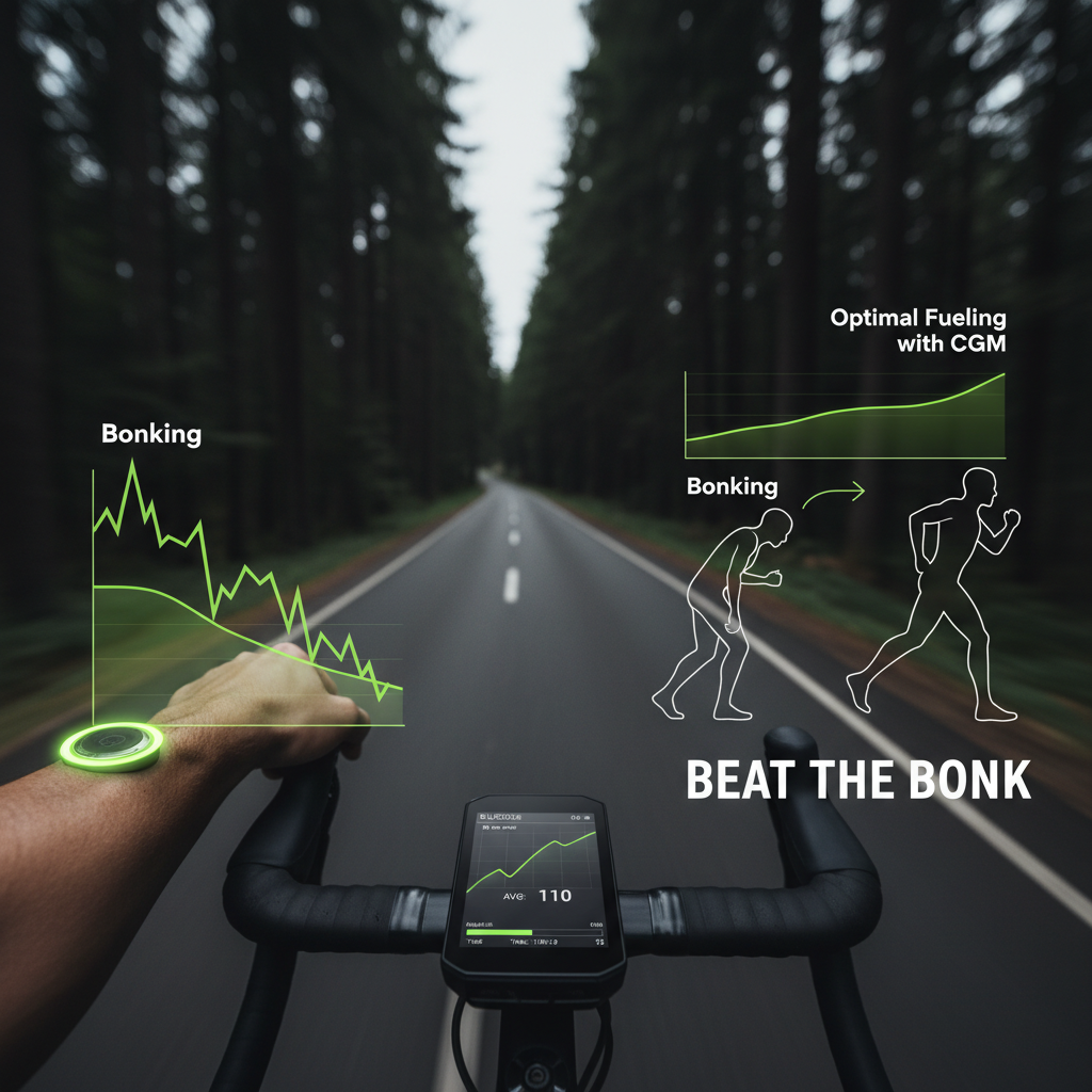 Infographic comparing a dipping glucose line during bonking to a stable line achieved with CGM-guided fueling.