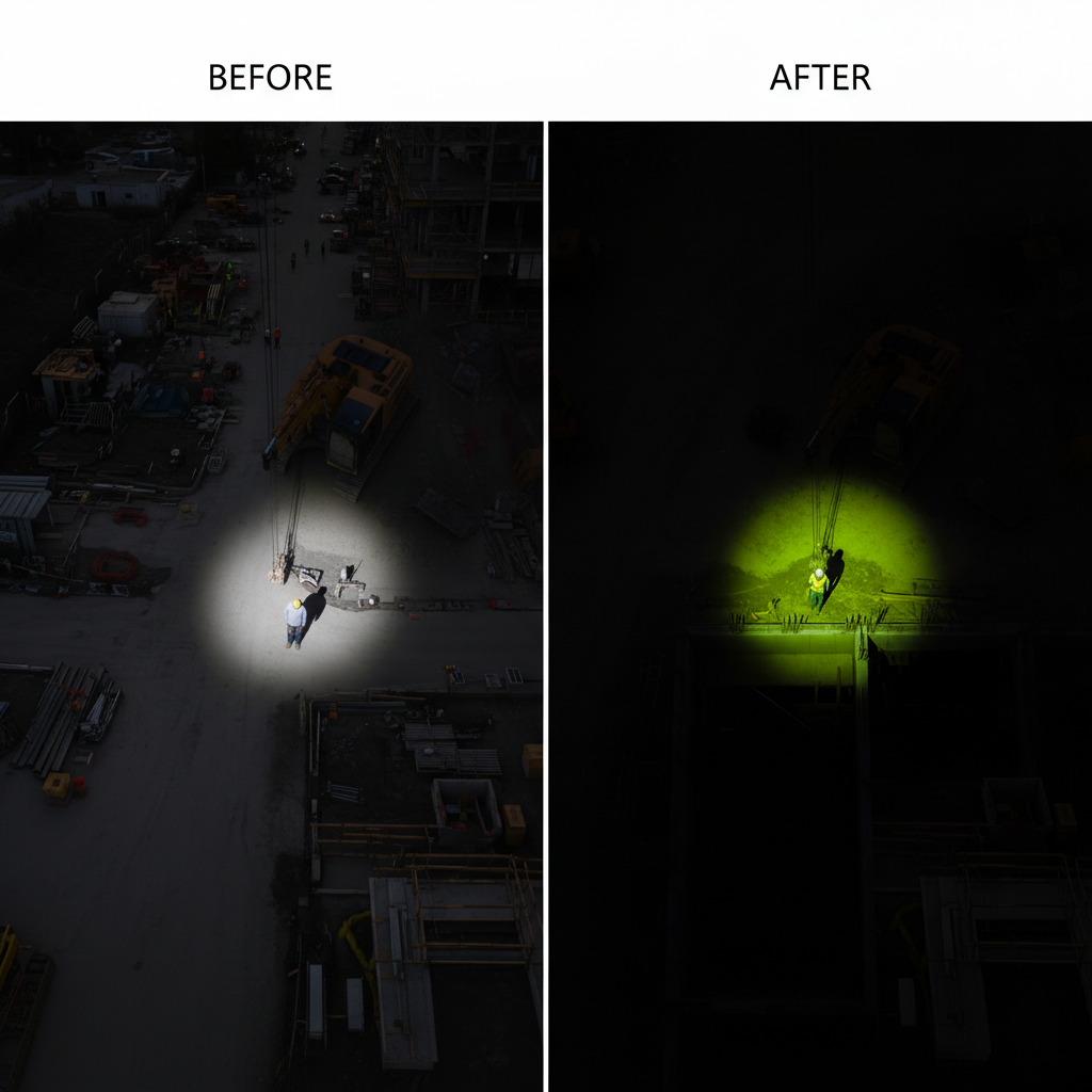 A comparison showing how high-contrast, lime green clothing makes a person stand out in a crowd versus muted grey clothing.