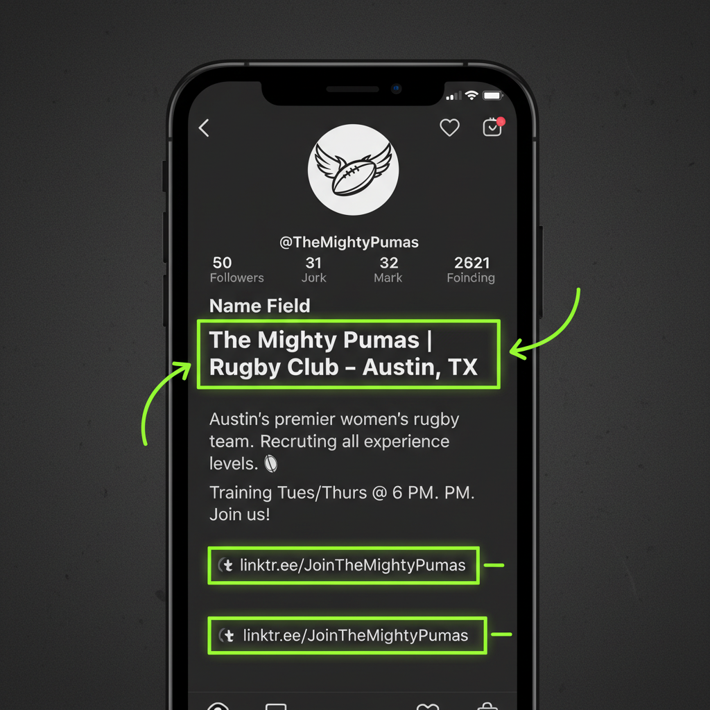 An optimized Instagram bio for a local sports team, showing a searchable name, clear call-to-action, and a link for new players.