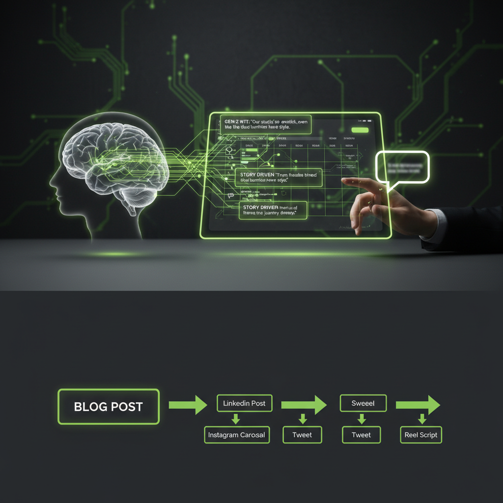 A social media manager using a futuristic tablet with a lime green interface to orchestrate an AI-powered content calendar.