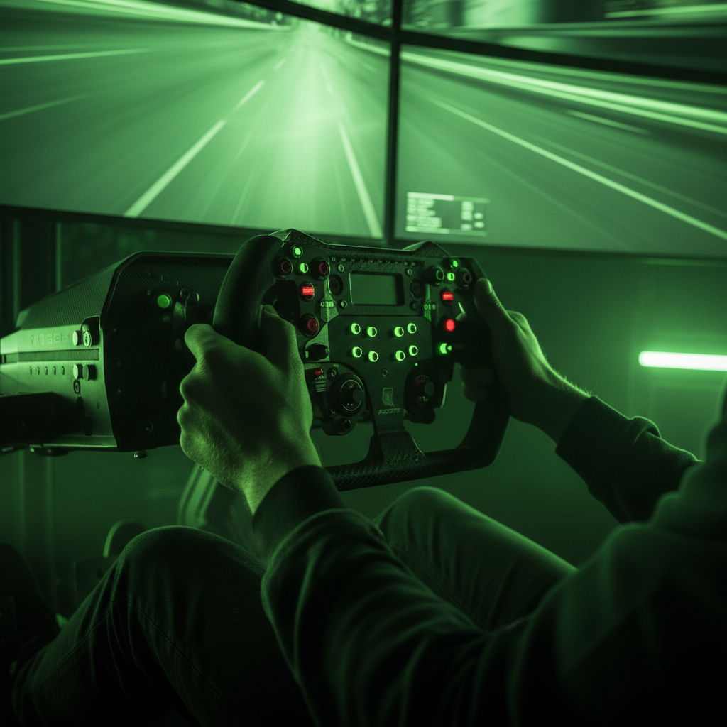 Close-up of feet pressing on advanced sim racing pedals with lime green accent lighting.