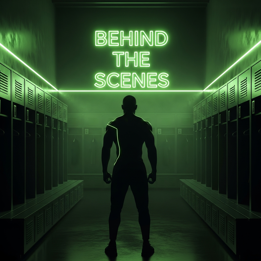 A dramatic 16:9 thumbnail with a dark, moody athlete silhouette in a locker room with a lime green neon BEHIND THE SCENES sign