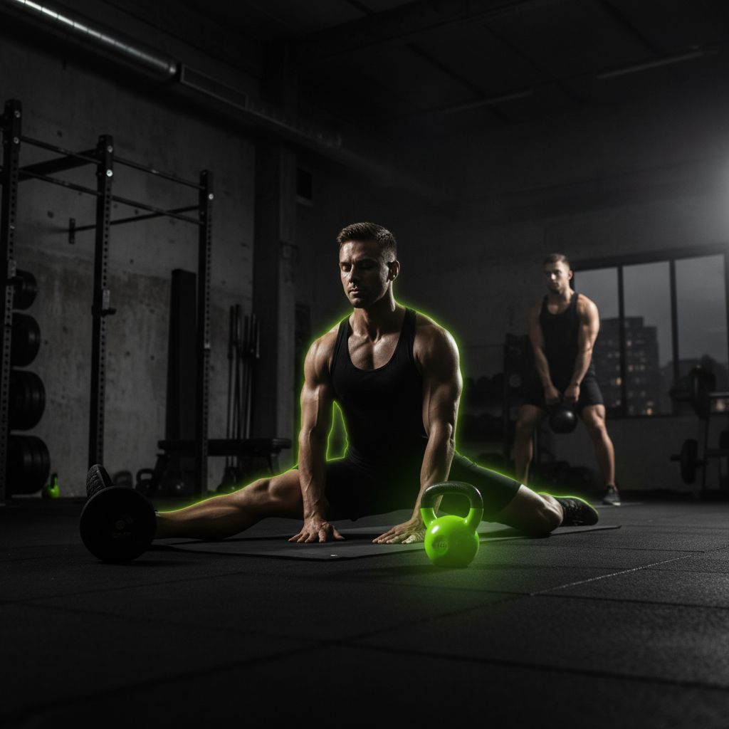 A person meditating in a dimly lit room with lime green accent lighting, representing the fusion of fitness and mental wellness.