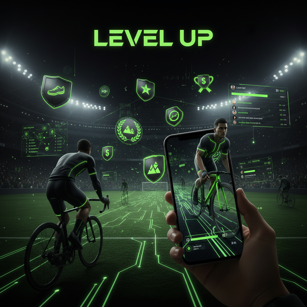 A collection of digital badges and achievements from a gamified fitness app.