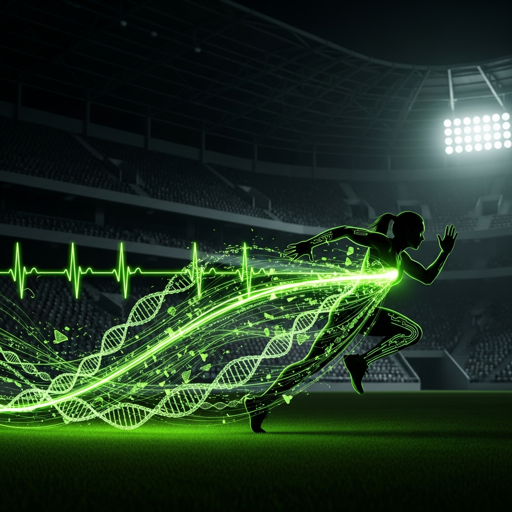 Cinematic athlete silhouette with lime green data streams