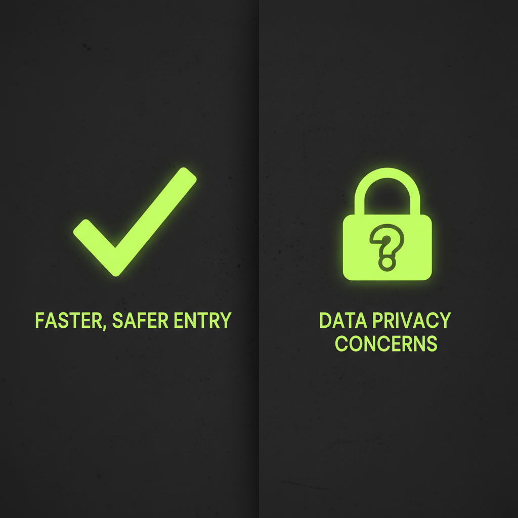 Graphic illustrating a facial recognition scan with glowing lime green lines on a dark background inside a stadium.