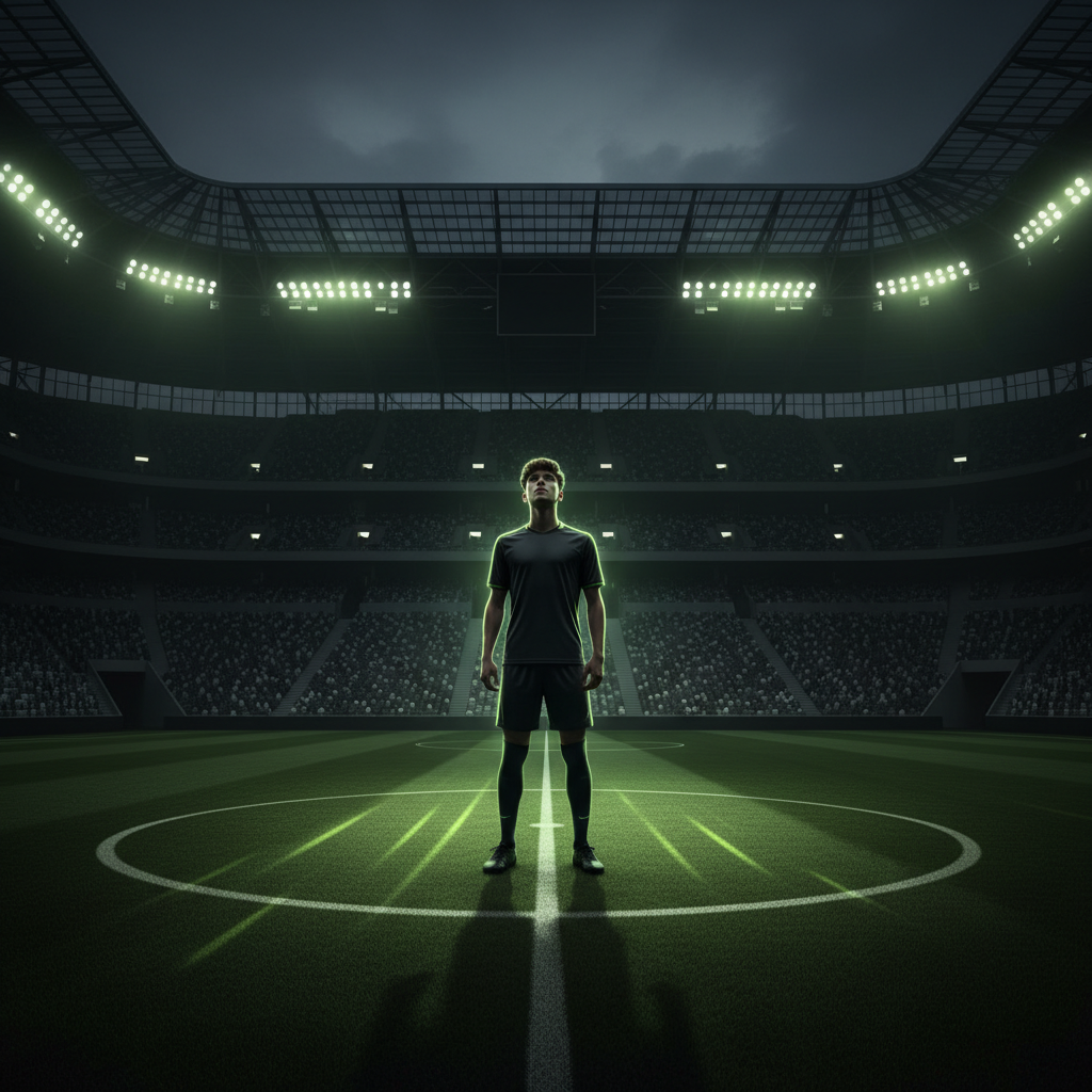 A young footballer practicing focus techniques during a high-pressure trial, featuring a lime green and dark tone aesthetic.