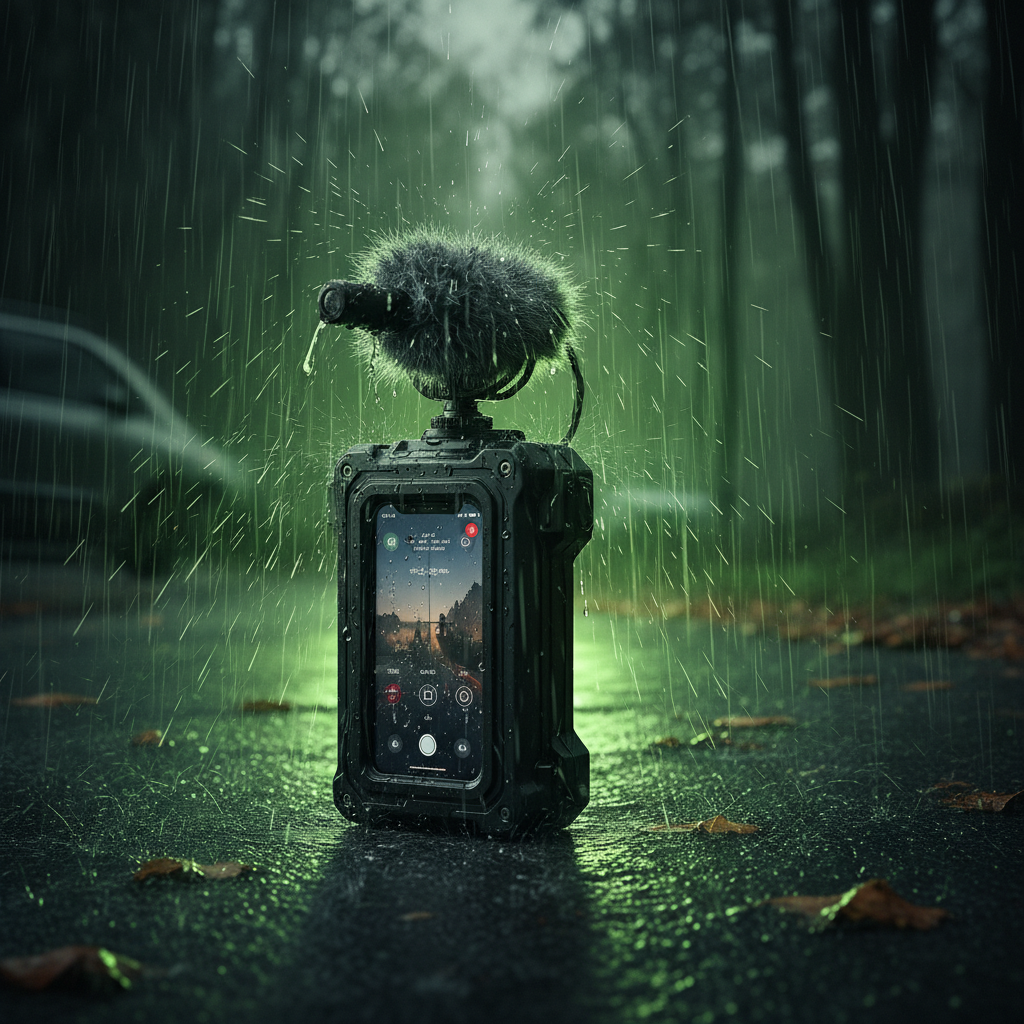 A smartphone protected from rain for filming using a simple DIY freezer bag hack.