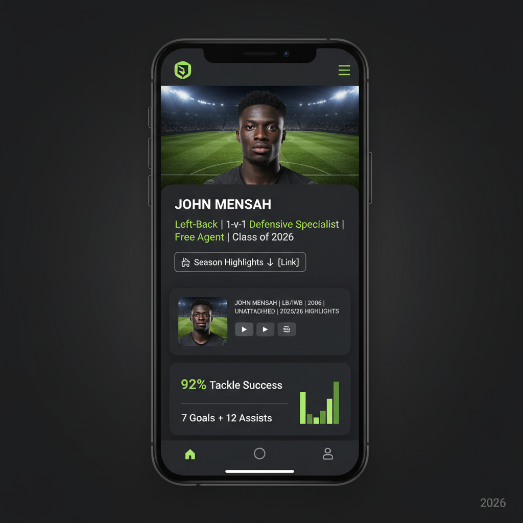 Smartphone showing an SEO-optimized social media profile for an unsigned footballer with highlighted keywords.