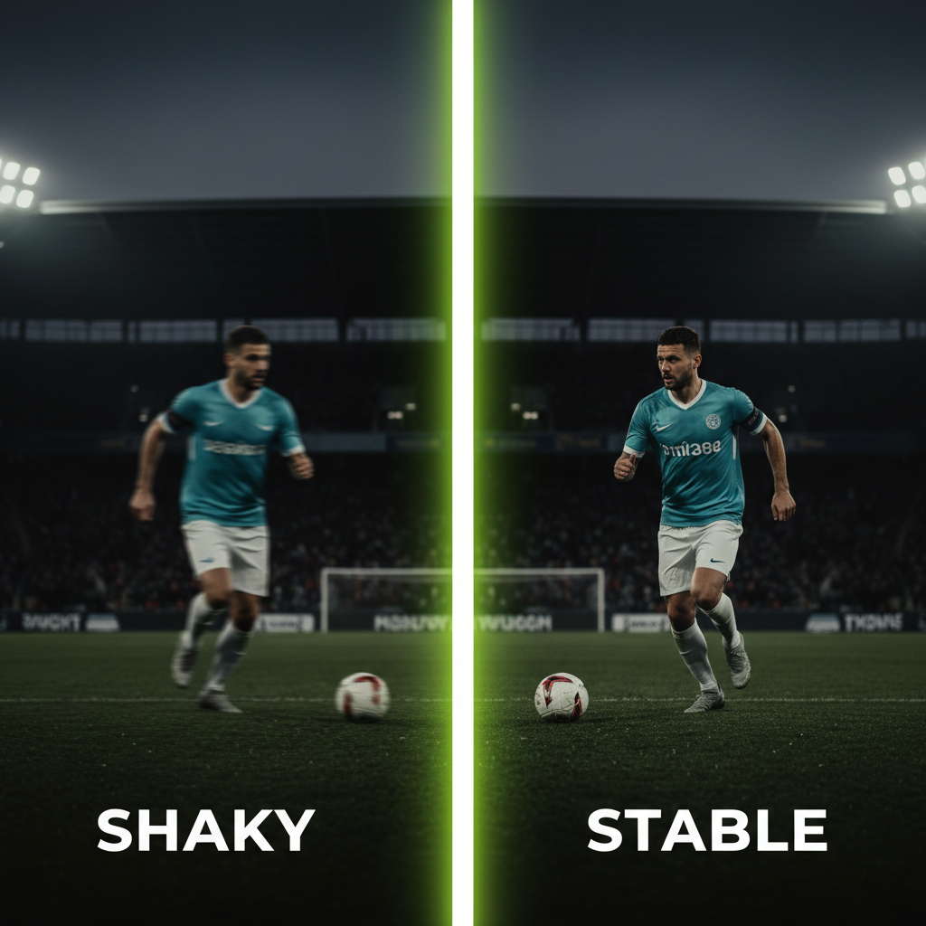 Videographer using a monopod and gimbal to film a football match from the sideline.